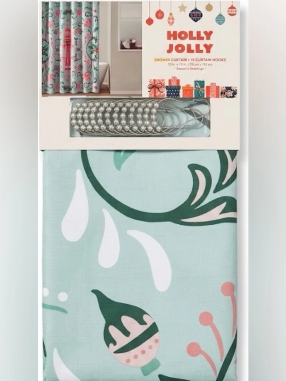 Floral and ornament Teal Shower Curtain with Hooks NWT